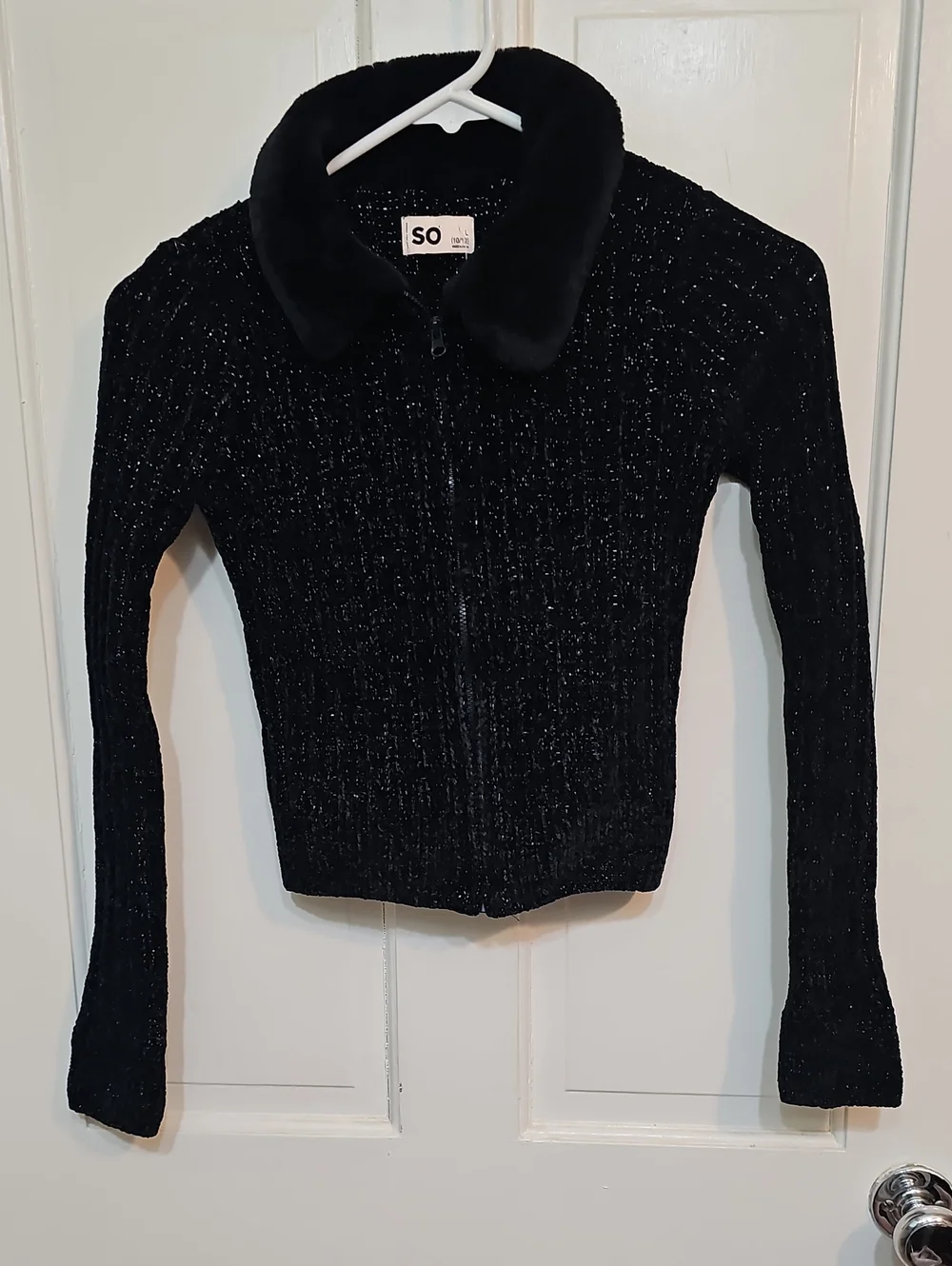 SO Black Shimmer Zip-Up Sweater with Faux-Fur Collar